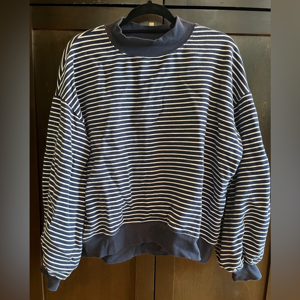 Tero by Vince Camuto sweatshirt, navy and white striped, drop shoulder, blousy